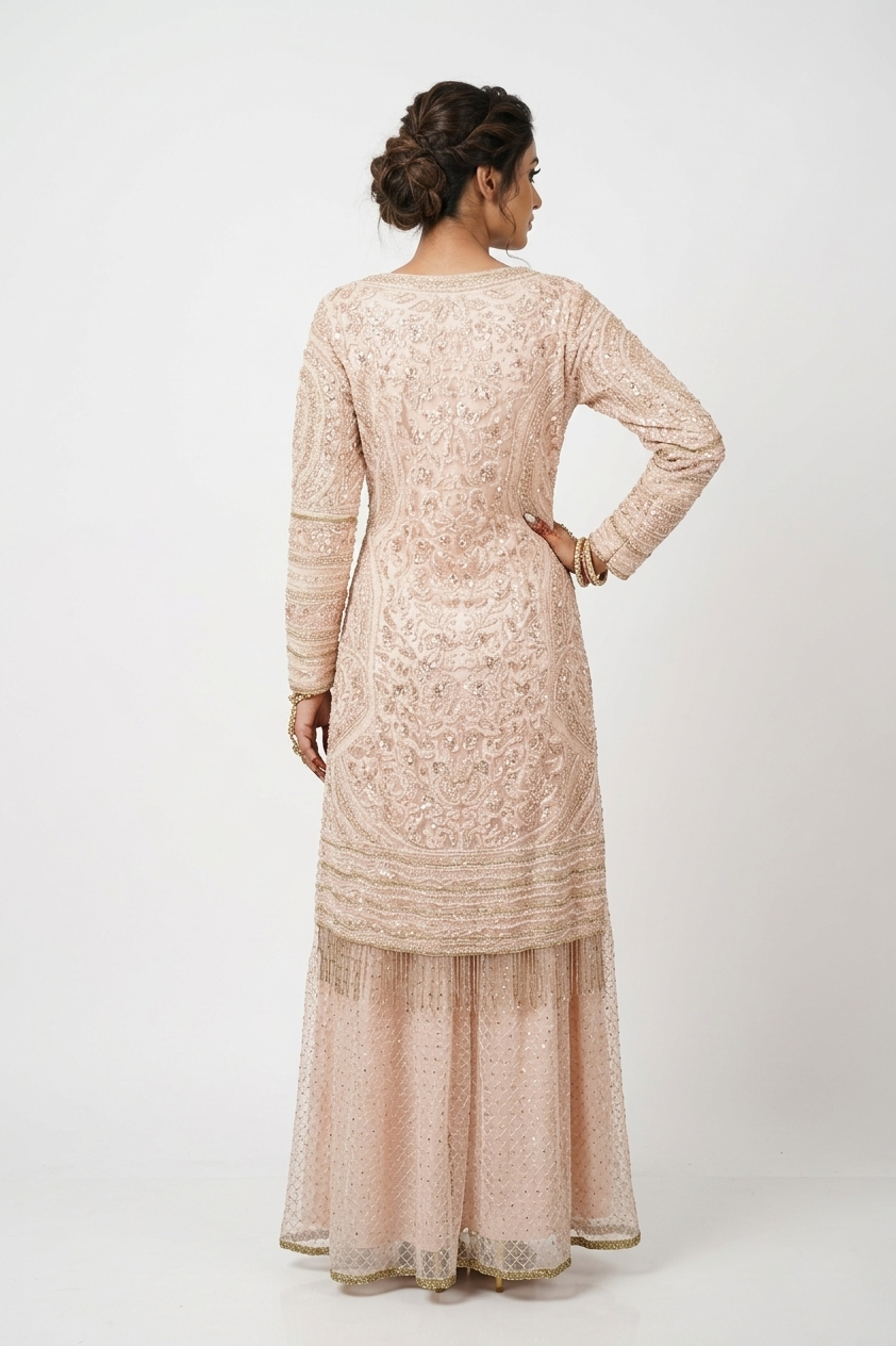 Blush Pink Heavy Embroidered Georgette Kurta Sharara Set