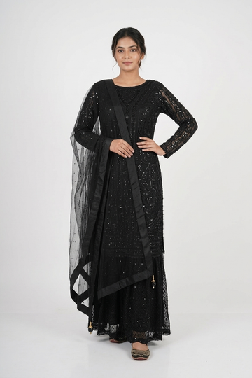 Black Sequin Kurta Sharara Set with Sheer Dupatta