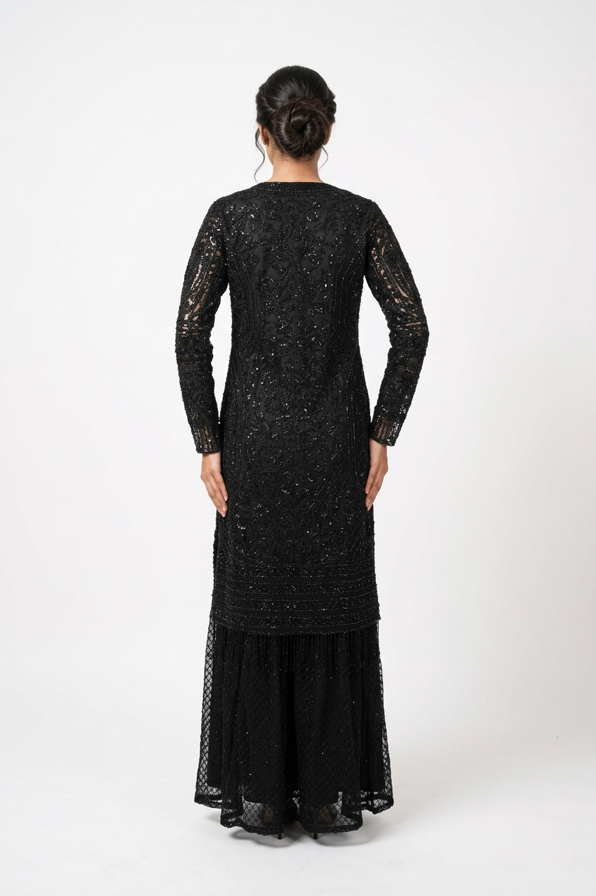 Black Sequin Kurta Sharara Set with Sheer Dupatta