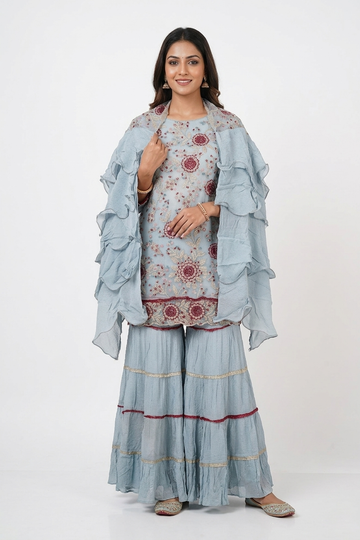 PESTAL SKY Blue Floral Embroidered Kurta & Tiered Sharara Set with Cape Dupata