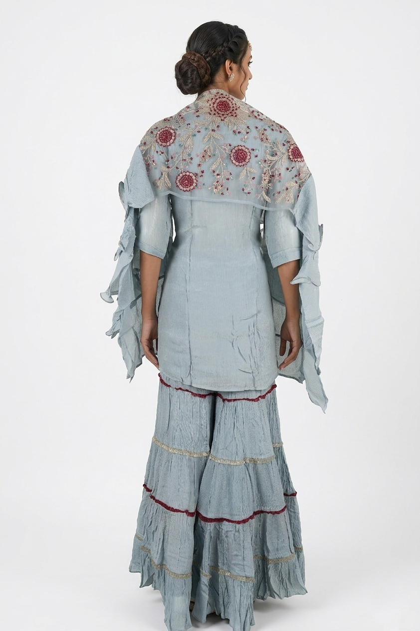 PESTAL SKY Blue Floral Embroidered Kurta & Tiered Sharara Set with Cape Dupata