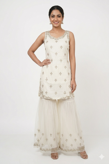 Ivory Elegance Kurta With Embroidered Sharara Set