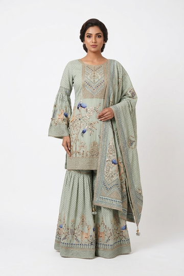 AQUA Printed &amp; Embroidered Kurta Sharara Set with Artistic Dupatta