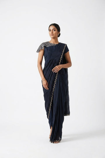 Midnight Blue Designer Draped Saree Gown