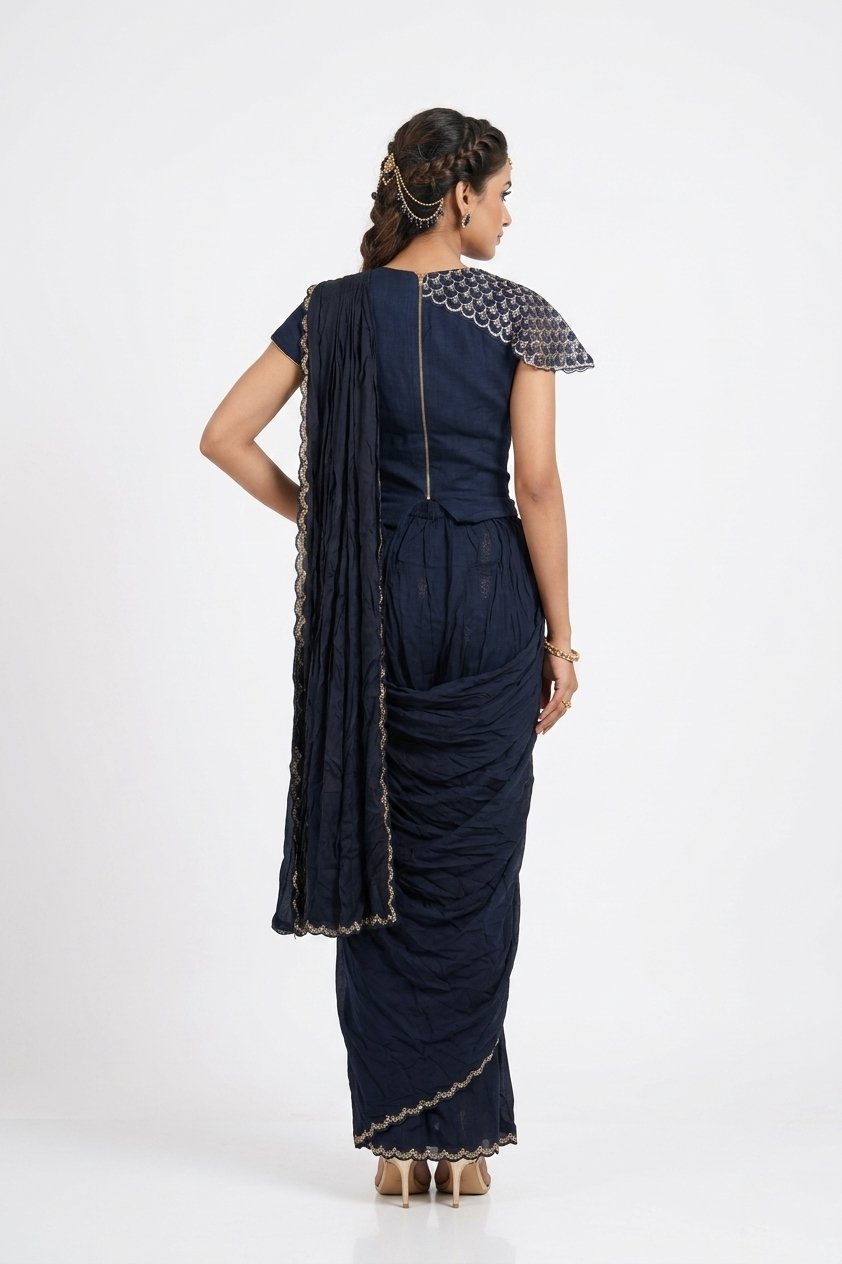 Midnight Blue Designer Draped Saree Gown
