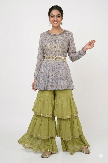 Pastel Printed Peplum Kurta With Layered Sharara Set