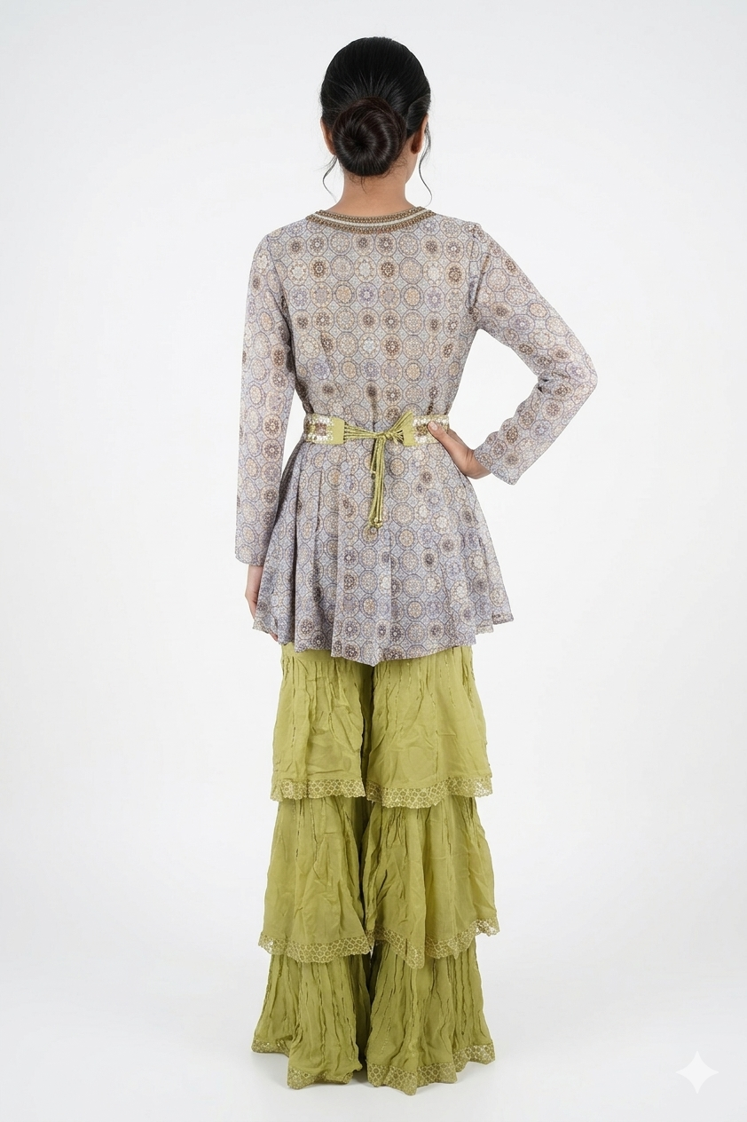 Pastel Printed Peplum Kurta With Layered Sharara Set