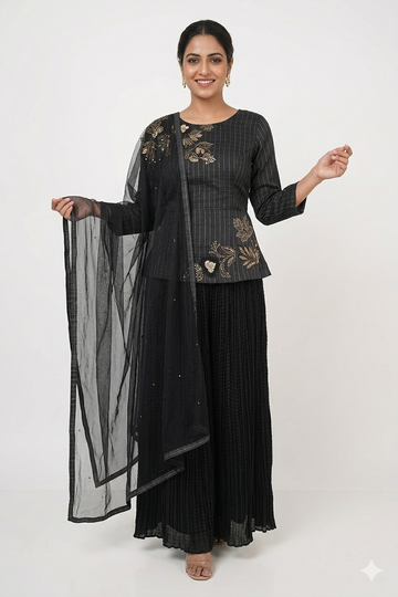 Light Black Asymmetrical Kurta With Pleated Skirt & Organza Dupatta Set