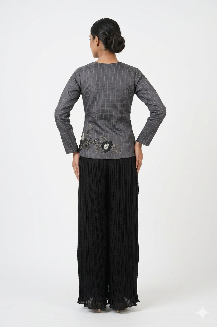 Light Black Asymmetrical Kurta With Pleated Skirt & Organza Dupatta Set