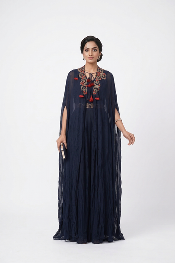 Dark & Blue Embroidered Cape Style Anarkali Set with Tassel Detailing