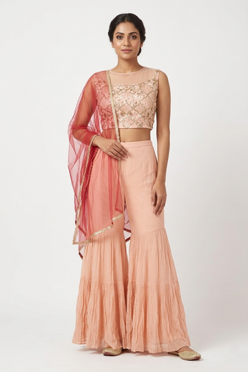 Elegant Peach Sharara Set With Embroidered Crop Top & Dupatta