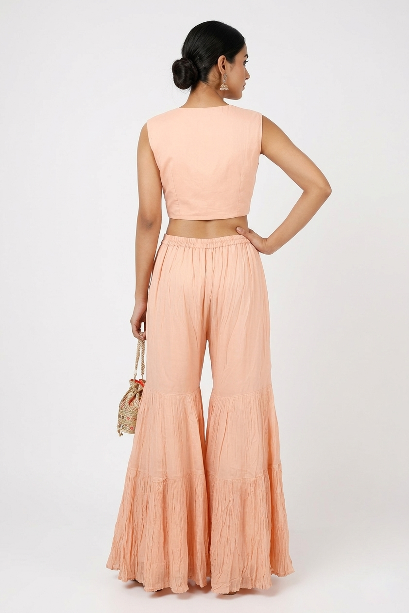 Elegant Peach Sharara Set With Embroidered Crop Top & Dupatta