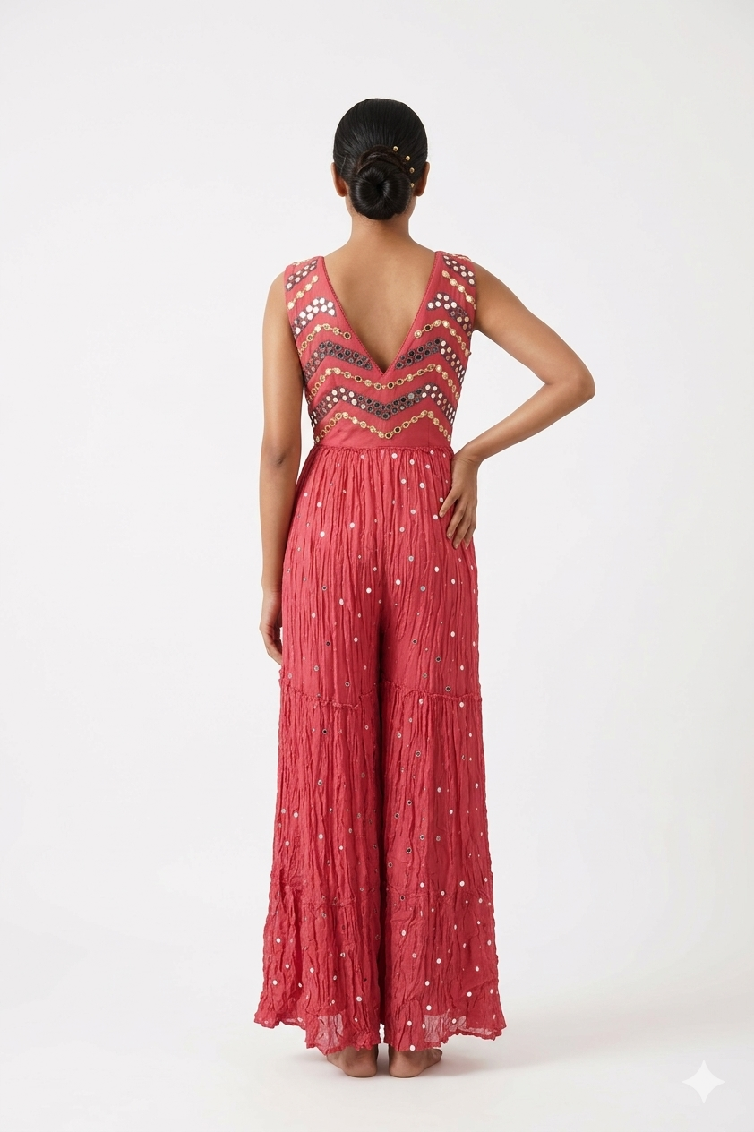 Coral Pink Mirror Work Flared Indo-western Dress