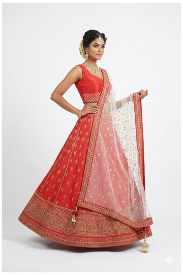 Coral Red Silk Embroidered Bridal Lehenga Choli With Net Dupatta