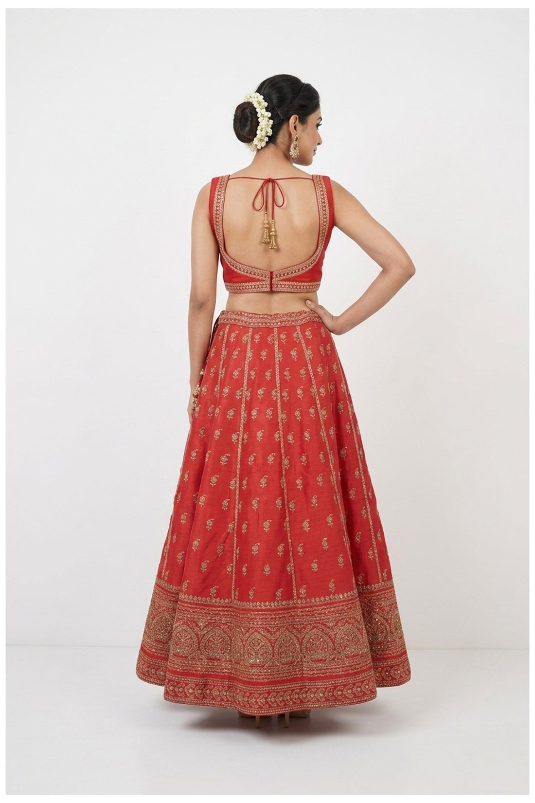 Coral Red Silk Embroidered Bridal Lehenga Choli With Net Dupatta