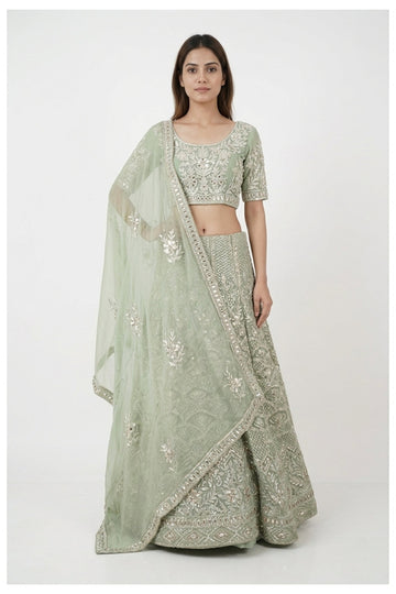 Sage Green Embroidered Lehenga Choli With Net Dupatta