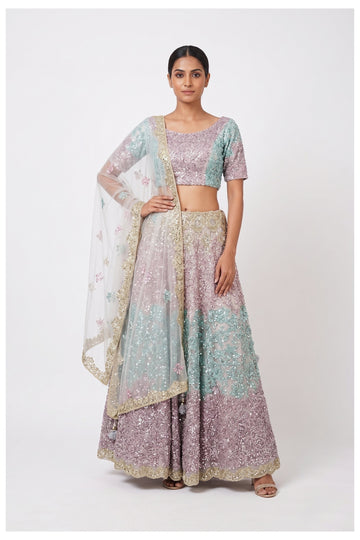 Pastel Lilac & Mint Heavy Embroidered Designer Lehenga Choli With Net Dupatta