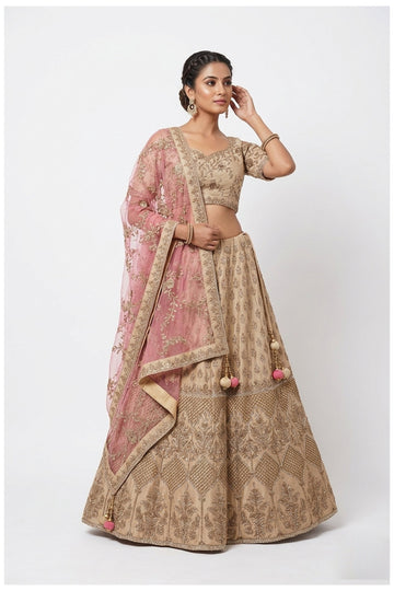 Champagne Gold Embroidered Lehenga Choli With Blush Pink Net Dupatta