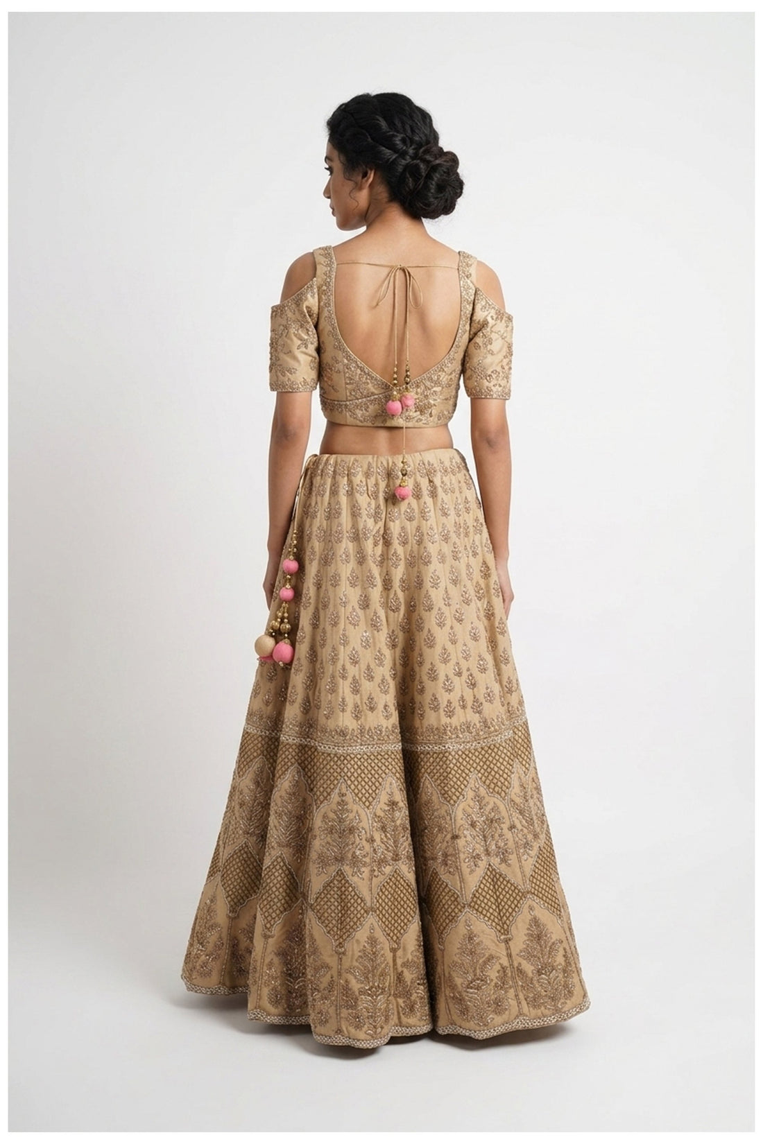 Champagne Gold Embroidered Lehenga Choli With Blush Pink Net Dupatta