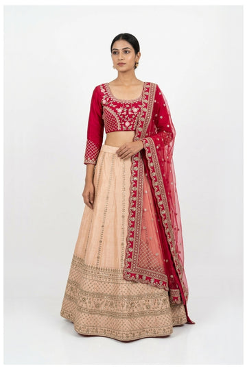 Rani Pink & Champagne Gold Embroidered Lehenga Choli With Net Dupatta