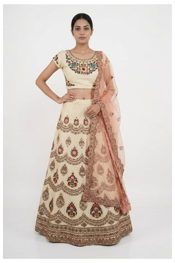 Ivory Beige Floral Embroidered Lehenga Choli With Peach Net Dupatta
