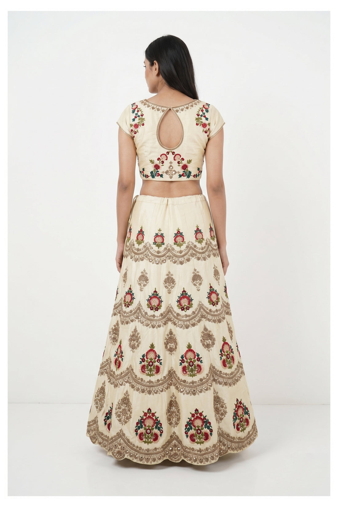 Ivory Beige Floral Embroidered Lehenga Choli With Peach Net Dupatta