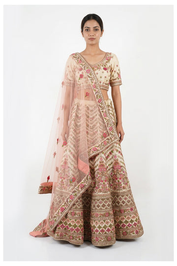Ivory Pink Floral Embroidered Bridal Lehenga Choli With Net Dupatta