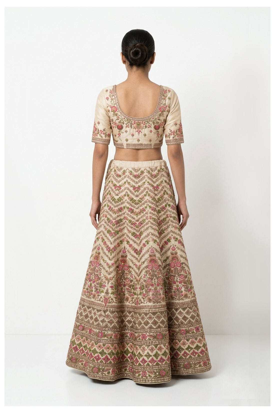 Ivory Pink Floral Embroidered Bridal Lehenga Choli With Net Dupatta