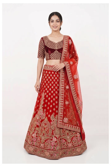 Red & Wine Handwork Embroidery Unstitch Blouse Chaniya Choli