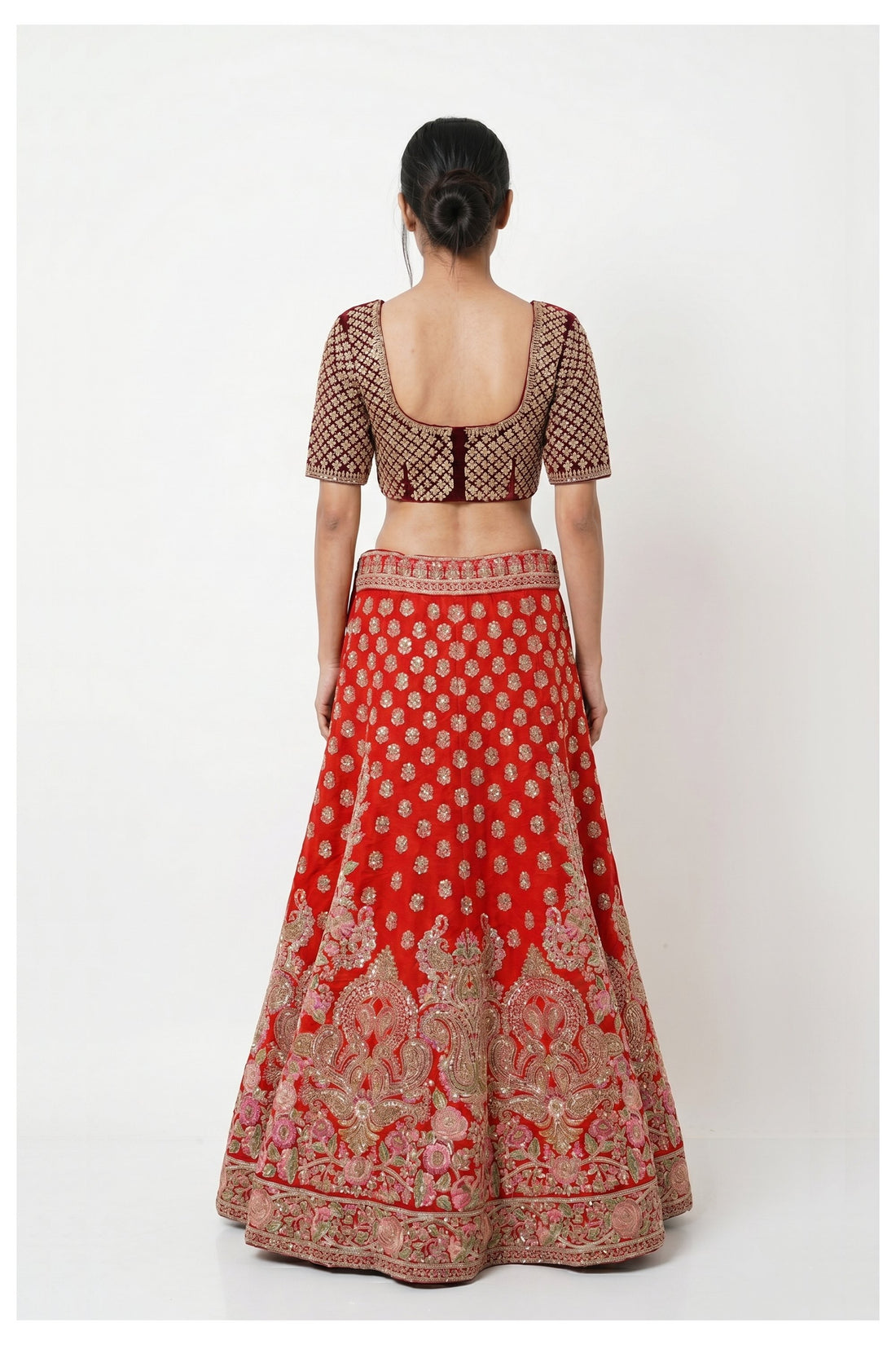 Red & Wine Handwork Embroidery Unstitch Blouse Chaniya Choli
