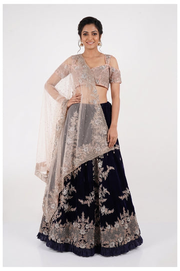 Navy Blue Embroidered Designer Lehenga Choli With Net Dupatta