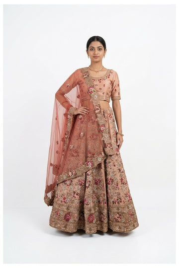 Blush Peach Bridal Embroidered Lehenga Choli With Net Dupatta