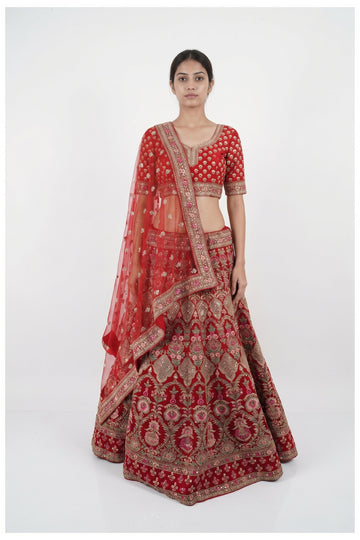 Bridal Red Embroidered Lehenga Choli With Net Dupatta