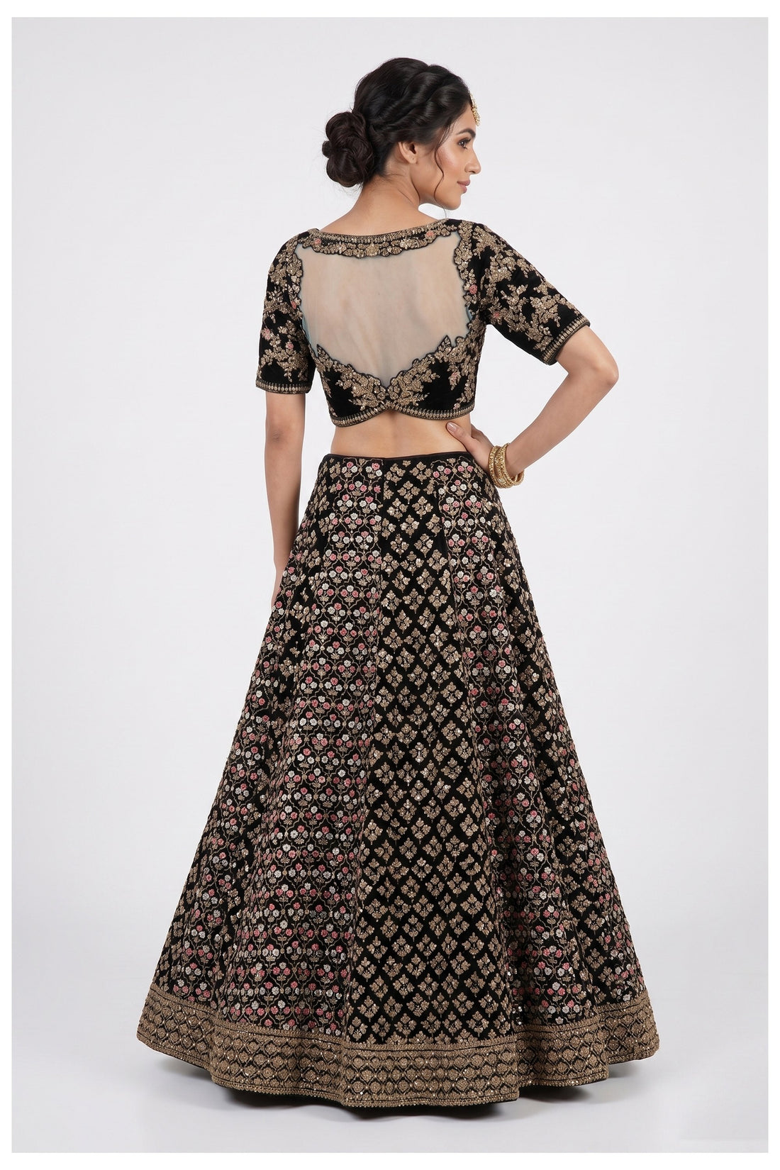 Black Floral Embroidered Bridal Lehenga Choli With Net Dupatta