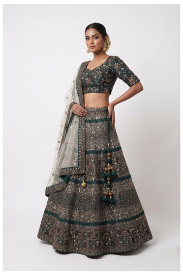 Teal Green Heavy Embroidered Bridal Lehenga Choli With Net Dupatta