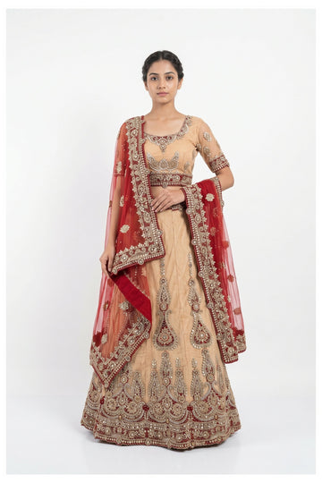 Champagne Beige Bridal Embroidered Lehenga Choli With Net Dupatta