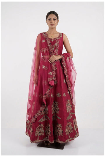Magenta Pink Embroidered Silk Lehenga Choli With Net Dupatta