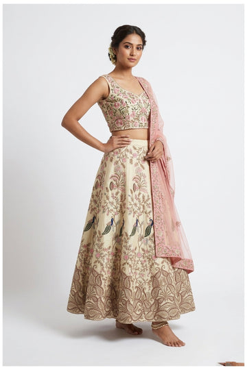 Ivory Floral Embroidered Silk Lehenga Choli With Net Dupatta