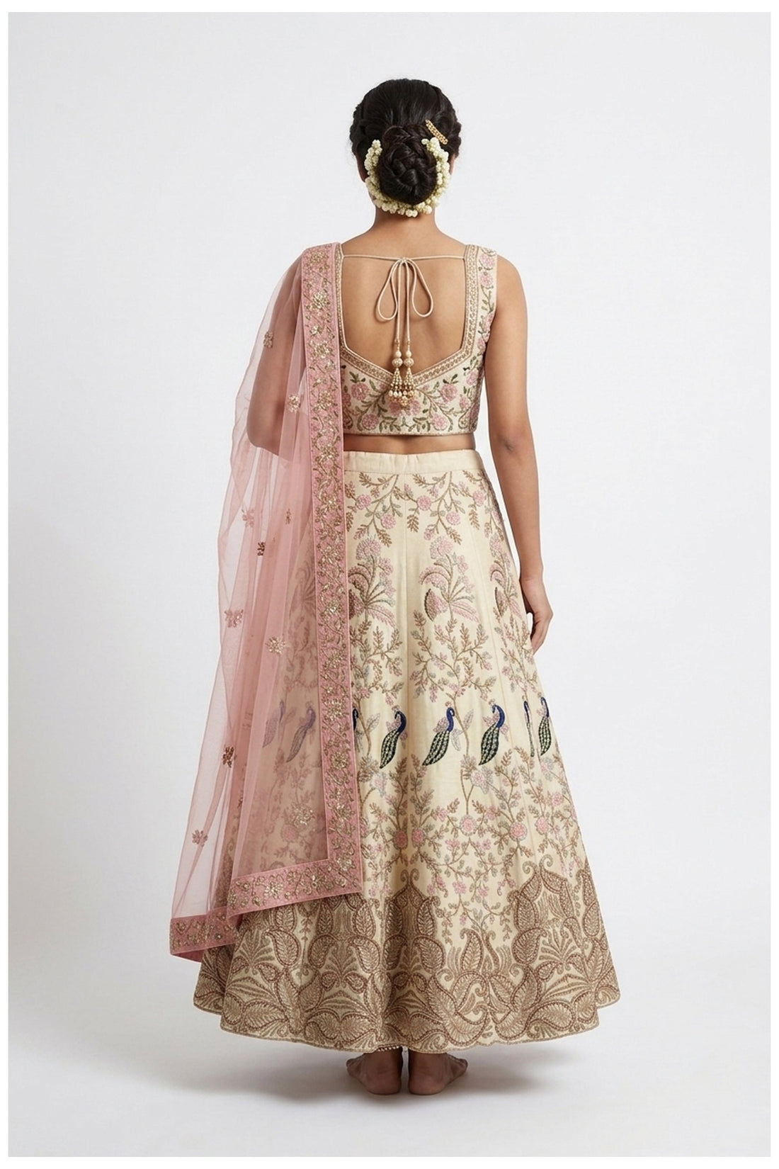 Ivory Floral Embroidered Silk Lehenga Choli With Net Dupatta
