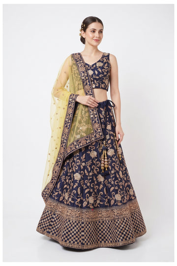 Navy Blue Handwork Embroidery Designer Lehenga Choli With Net Dupatta