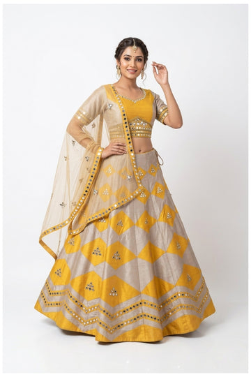 Mustard Yellow & Beige Designer Lehenga Choli