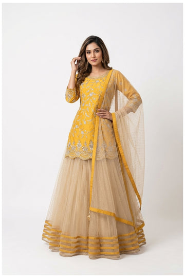 Mustard Yellow Embroidered Sharara Suit Set