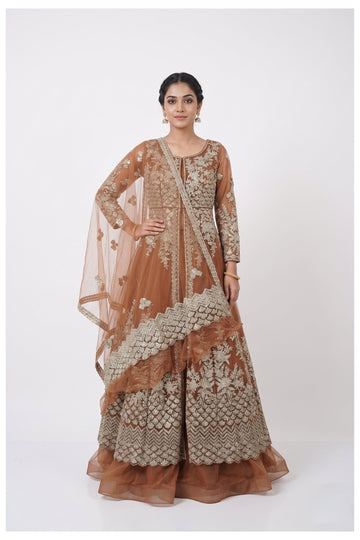Copper Brown Embroidered Sharara Suit With Dupatta