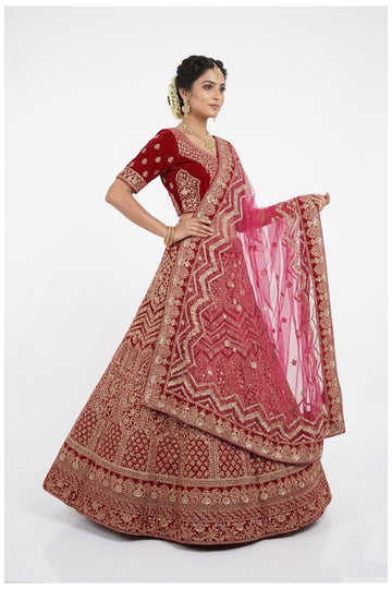 Red Heavy Embroidered Bridal Lehenga Choli With Net Dupatta