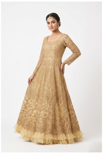 Golden Beige Embroidered Designer Anarkali Gown