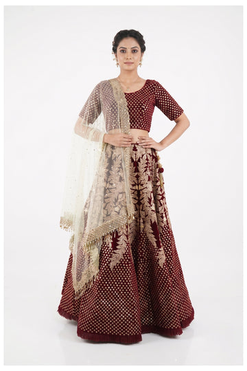 Maroon Handwork Embroidered Bridal Lehenga Choli With Net Dupatta