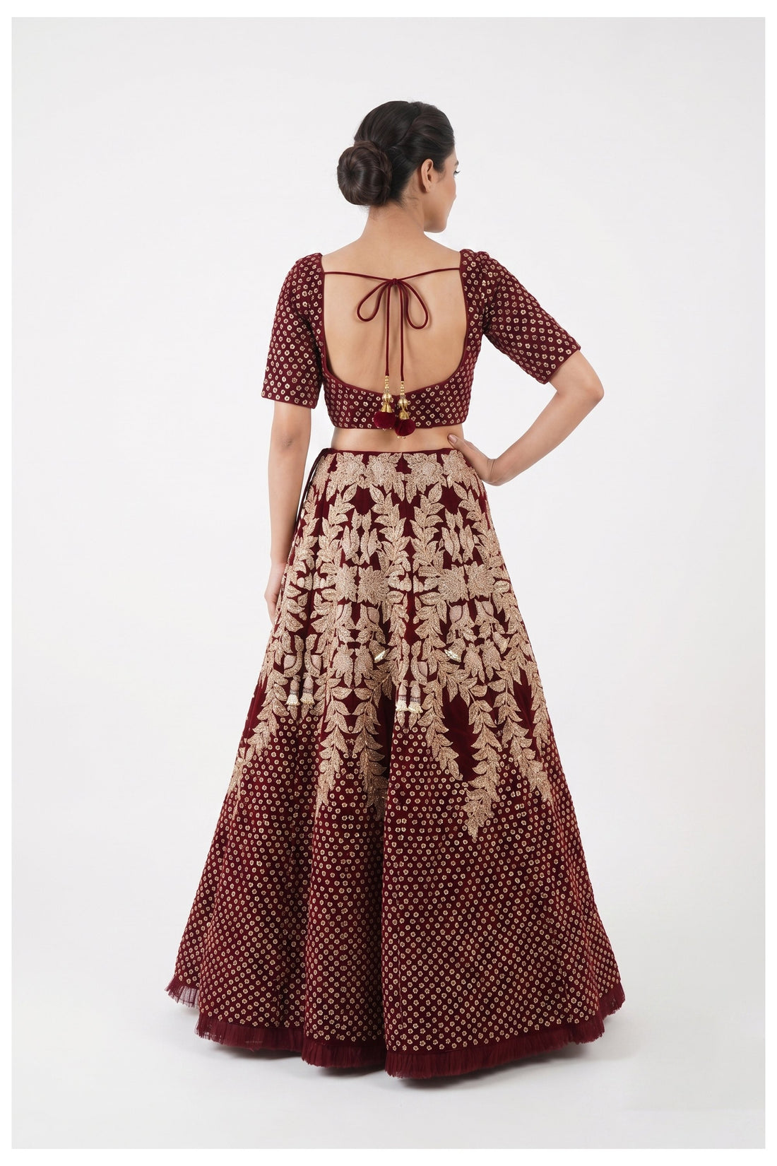 Maroon Handwork Embroidered Bridal Lehenga Choli With Net Dupatta