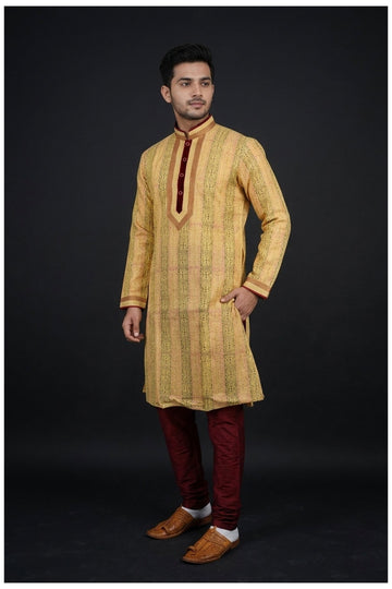Mustard Jacquard Stripe Men’S Kurta Set