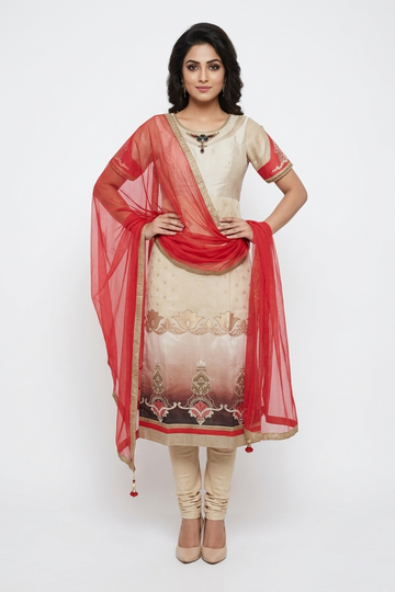 Ivory Beige Designer Suit Set With Red Net Dupatta
