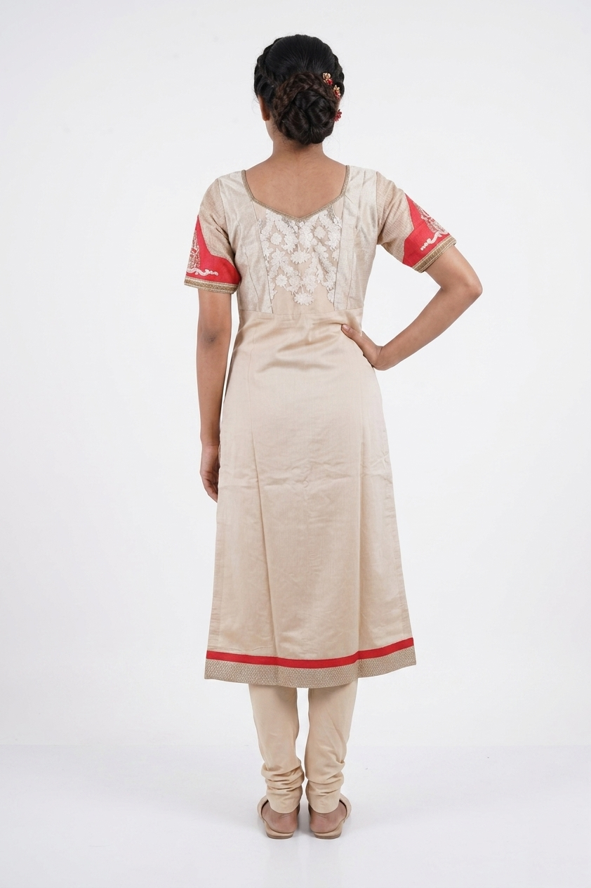 Ivory Beige Designer Suit Set With Red Net Dupatta
